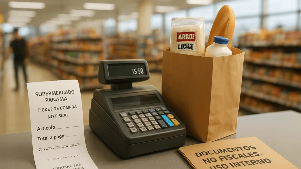 Caja registradora de supermercado donde se muestran documentos no fiscales asociados con factura fiscal Panamá