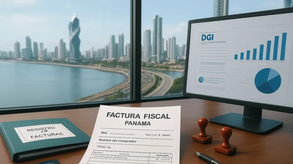 Computador y documentos con factura fiscal Panamá