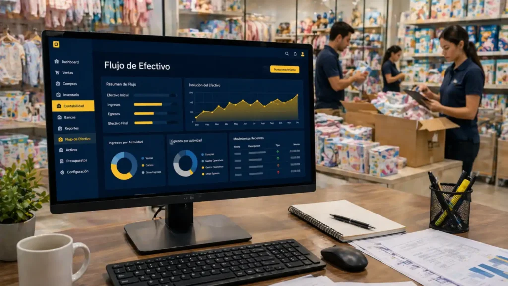 Software administrativo en computador con el estado de flujo de efectivo de una tienda para bebés.
