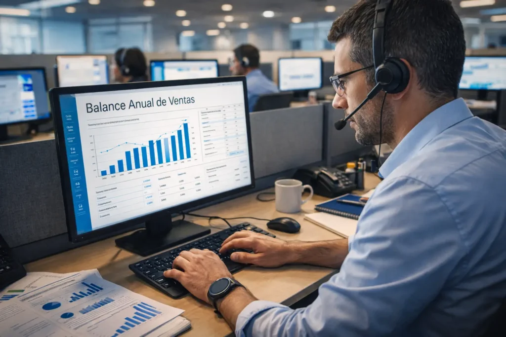 Cómo se calcula el decimotercer mes: Trabajador en un computador haciendo un balance de ventas