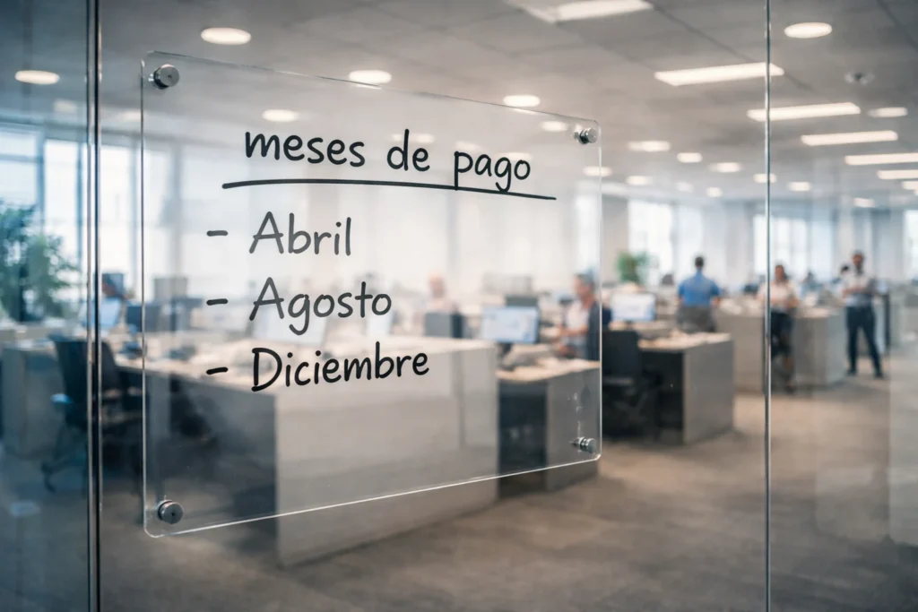 Cómo se calcula el decimotercer mes: tablero acrílico en una oficina, con los meses de pago, abril, agosto, diciembre.