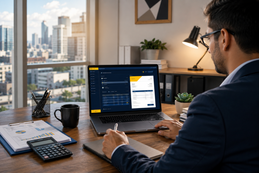 Contabilidad para profesionales independientes: trabajador en su computadora revisando el software de su contabilidad.