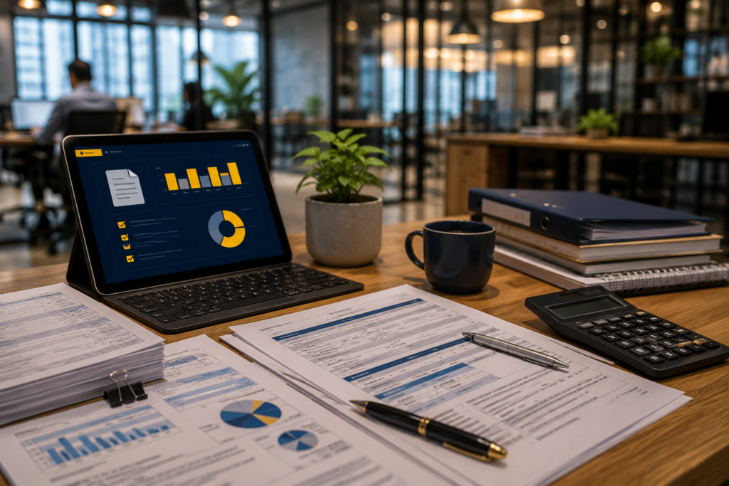 Contabilidad para profesionales independientes: escritorio con tablet y el orden de cuentas por cobrar