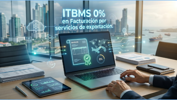 Facturación para servicios de exportación: Computador con ambiente tecnológico resaltando el ITBMS a 0%.