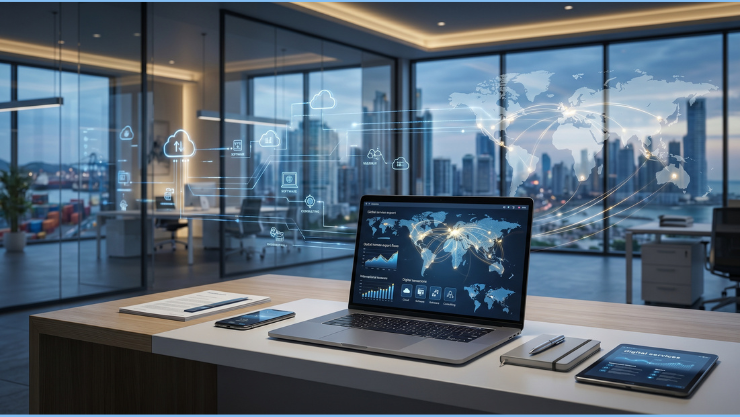 Facturación para servicios de exportación: Ambiente tecnológico con un computador y un mapa del mundo.