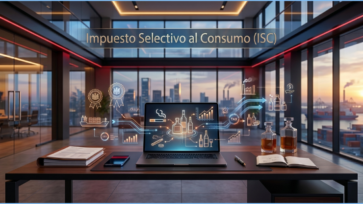 Impuesto Selectivo al Consumo (ISC): Mesa con computadora y tecnología asociada con licores, tabaco y bebidas.