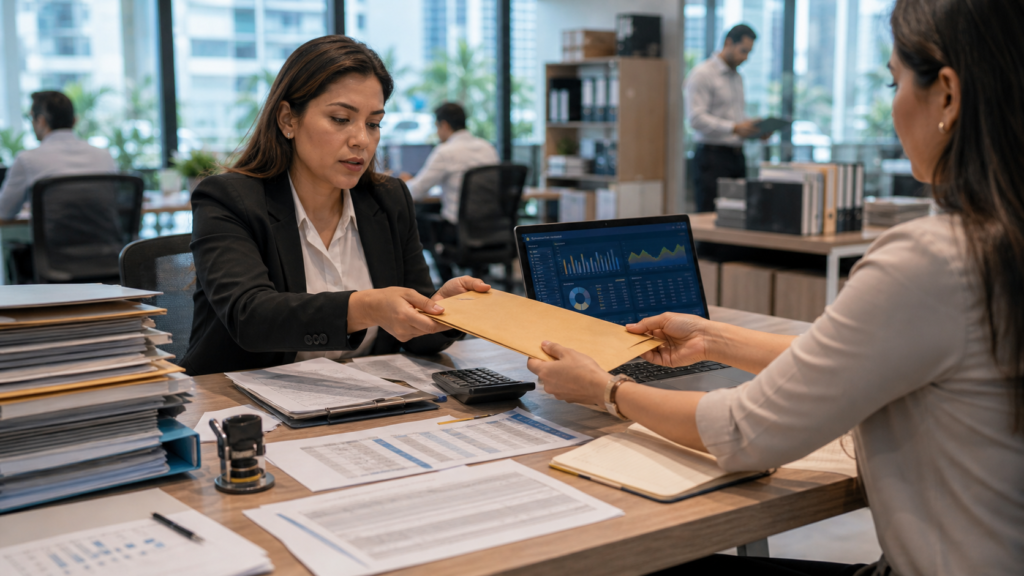 Liquidación de contrato de trabajo: Dos mujeres en oficina entregando carpeta del fondo de cesantías.