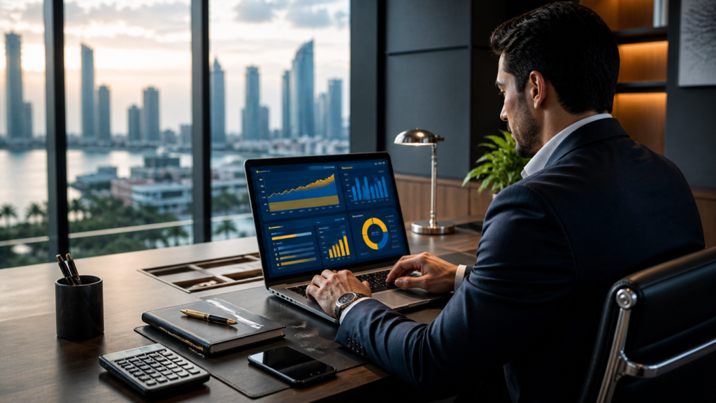 Liquidación de contrato de trabajo: Hombre trabaja en su computador en software de automatización de Cuenti.