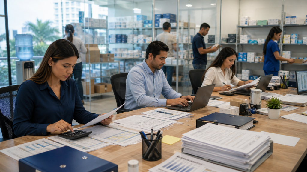 Qué es el ingreso base de cotización: personas haciendo proceso de nómina de empleados en almacén.