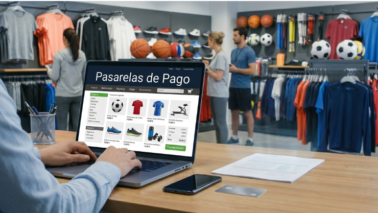 Contabilidad para E-commerce: Manejo de pasarelas de pago en un comoutador donde se ve una tienda virtual de productos deportivos