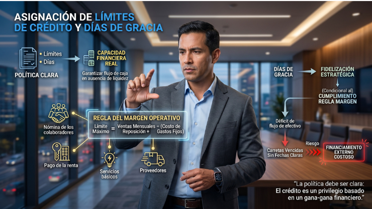 Crédito comercial: Infografía en la que un hombre detalla cada uno de los pasos a tener en cuenta para la asignación de límites en créditos.
