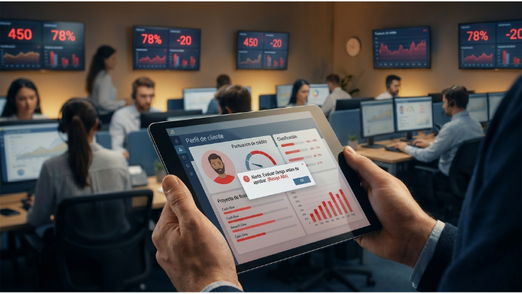 Crédito comercial: Persona sosteniendo una tablet en la que se indica el perfil del cliente y, de fondo, trabajadores de call center de crédito.