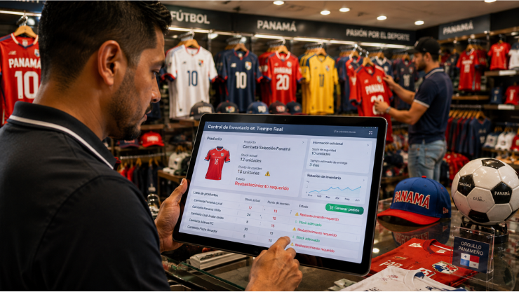 Punto de reorden inventario: Gestión de inventario de una tienda de camisetas deportivas con una tablet.