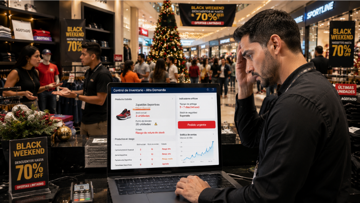 Punto de reorden inventario: persona preocupada por falta de stock en época navideña y Black Weekend.