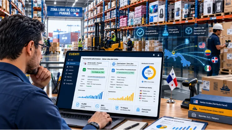 Contabilidad Zona Libre de Colón: Proceso de facturación electrónica en una gran bodega panameña y con un computador.