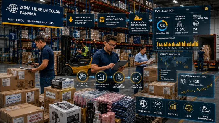 Contabilidad Zona Libre de Colón: Distribuidora en proceso de inventarios con empleados y diversas cajas.