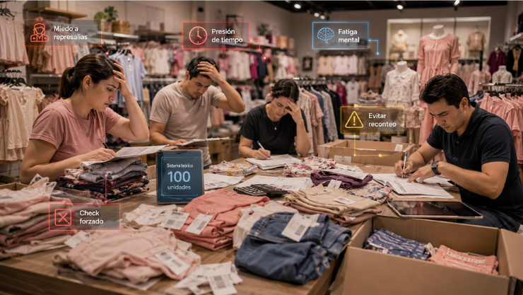 Conteo ciego de inventarios: proceso de inventariado en una tienda de ropa con trabajadores muy despesperados por la falta de calridad