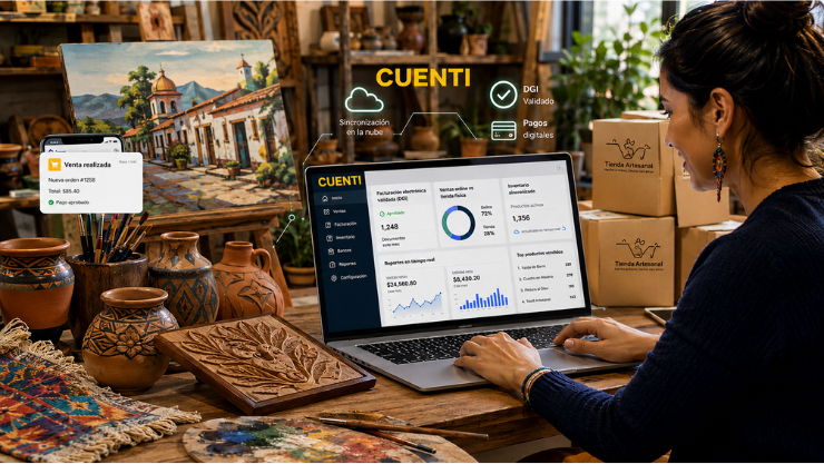 Facturación electrónica e-commerce: Proceso de una tienda online de un negocio de artesanías en la que una mujer realiza procesos en el computador.