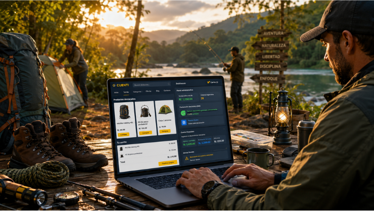 Facturación electrónica e-commerce: Un hombre realiza procesos de su tienda online mientras se encuentra en el campo.