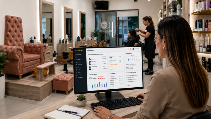 Software para salones de belleza: administradora con un computador haciendo seguimiento de los procesos en una peluquería.