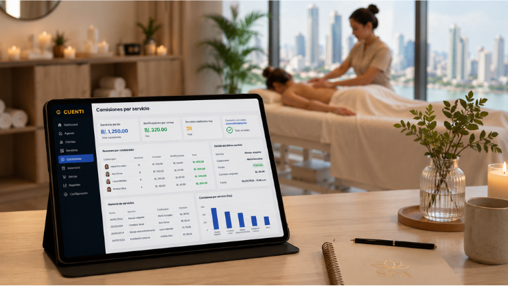 Software para salones de belleza: Tablet mostrando información de comisiones y, de fondo, un spa.