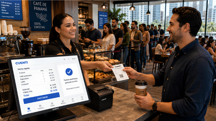 Software para cafeterías: Empleada sonriente atiende a un cliente entregando su ticket y facturación electrónica.