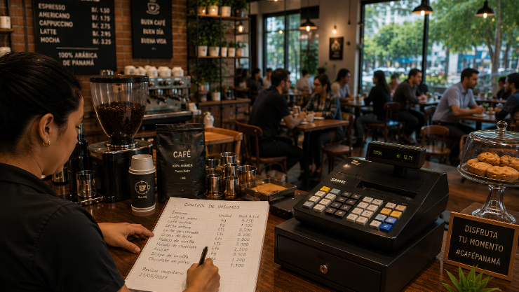 Software para cafeterías: Una empleada de una cafetería lleva el control a mano de los insumos en un cuaderno.