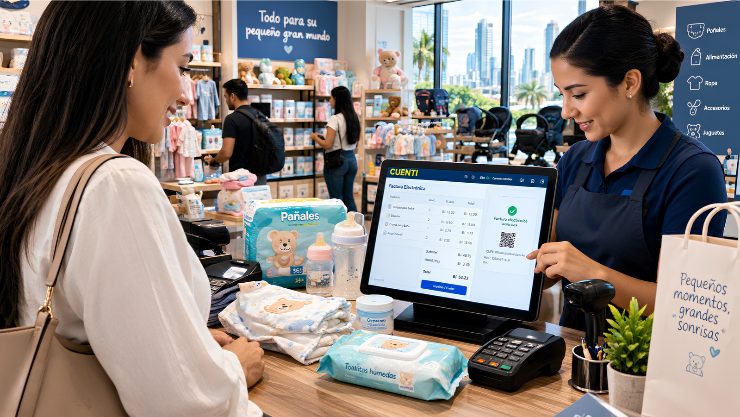 Factura electrónica en Panamá: mujer revisando los campos de su factura con productos para bebés luego de una compra en un comercio de Panamá.