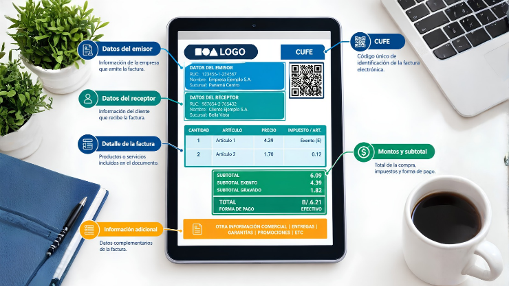 Qué es el CUFE: Infográfico de cómo se puede observar el CUFE en una factura, con su correspondiente distribución.